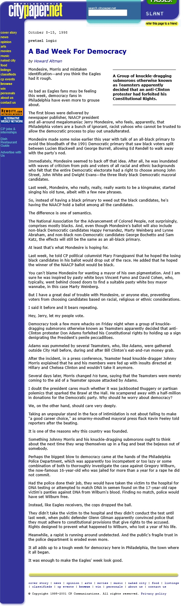 A bad week for democracy pretzel logic 1998-10-08