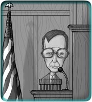 Drawing of Fred Ambrose at a podium in a court room to testify