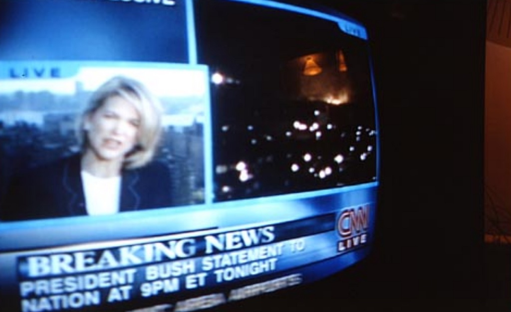 Screenshot of television with CNN Live and Breaking News announcing President Bush Statement to Nation at 9PM ET Tonight. 9/11/2001