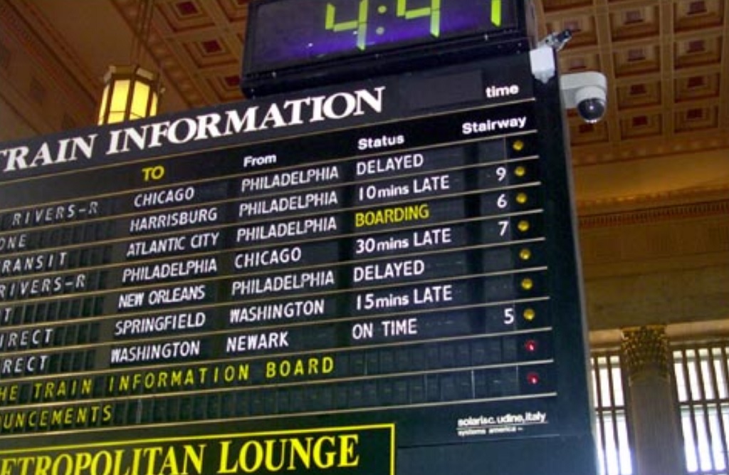 30th Street Station, Philadelphia train information board late afternoon 9/11/2001