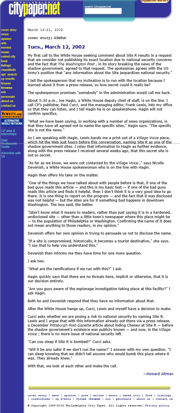 Chasing Shadows cover story Sidebar Conversation with the White House Mar 12 2002