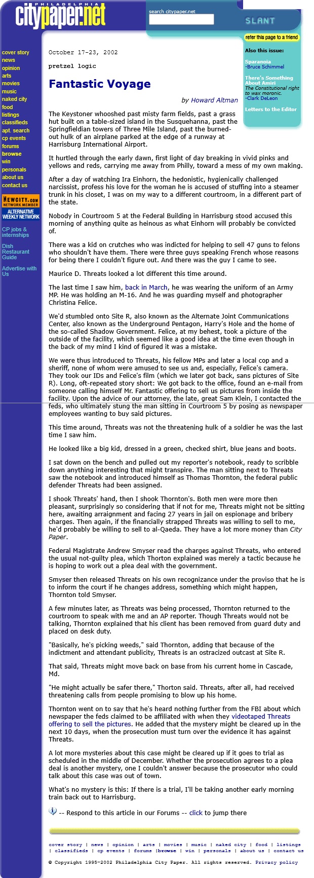Fantastic Voyage Pretzel Logic by Howard Altman City Paper 10/17/2002