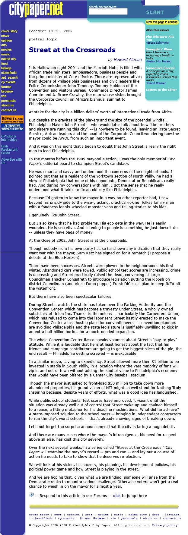Street at the Crossroads Pretzel Logic by Howard Altman City Paper 12-19-2002