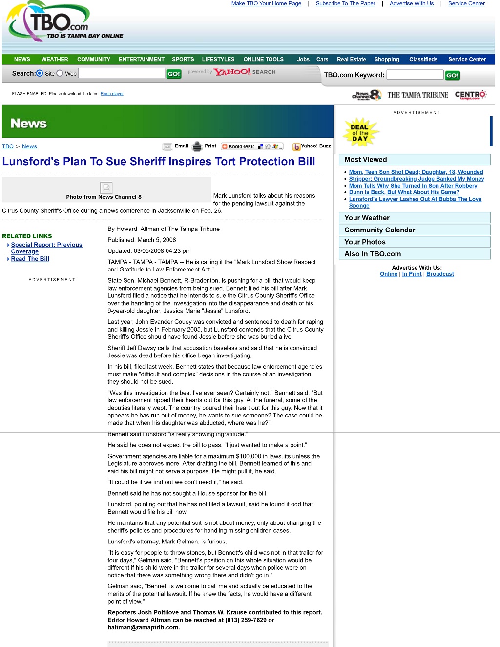 article Lunsford's Plan to Sue Sheriff Inspires Tort Protection Bill published on tbo.com