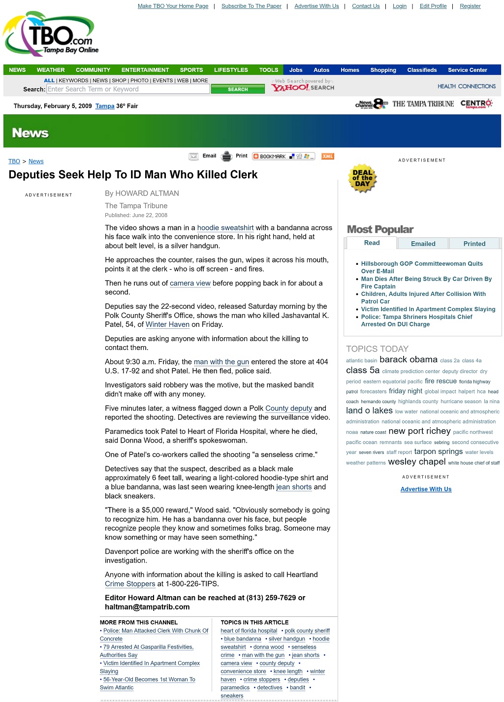 Published article on tbo.com Deputies Seek Help to ID Man Who Killed Clerk