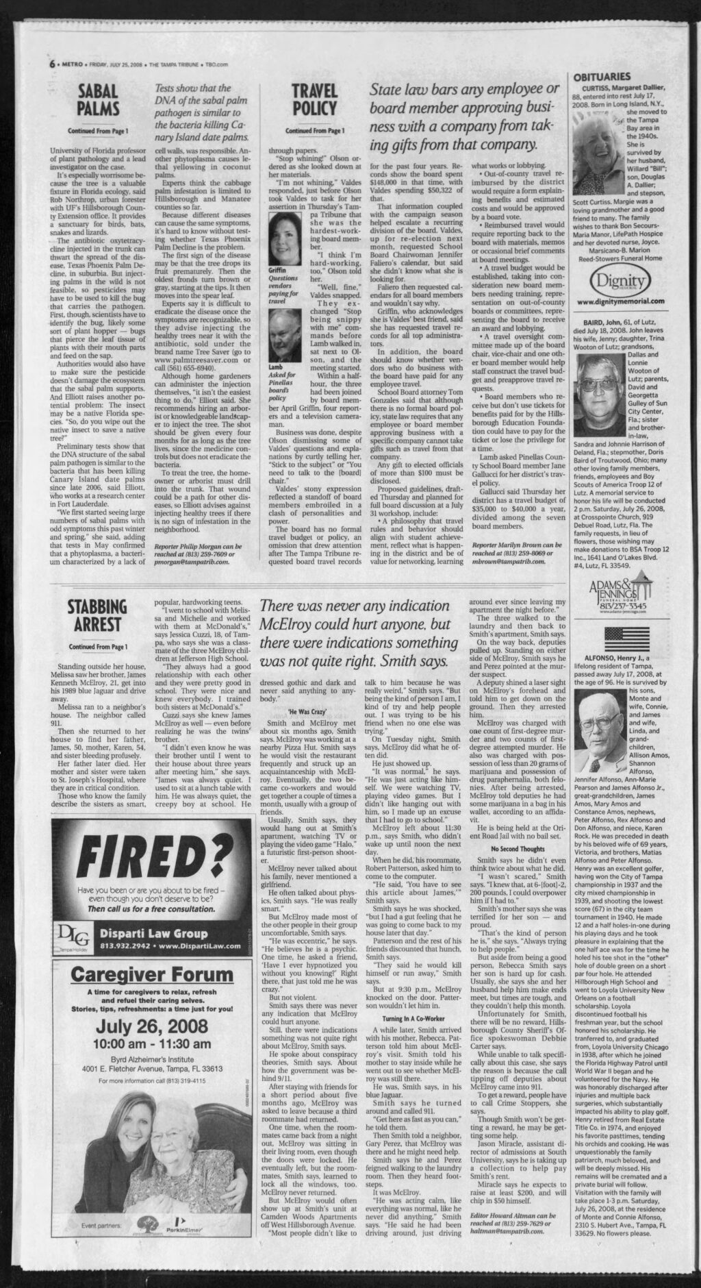 article second page Friend Aided In Stabbing Arrest published in The Tampa Tribune newspaper