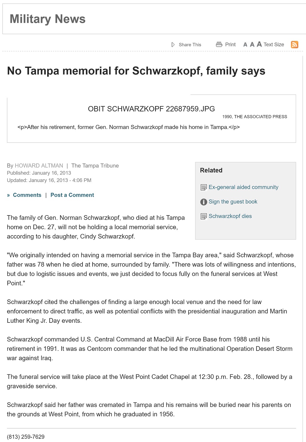 article No Tampa memorial for Schwarzkopf, family says