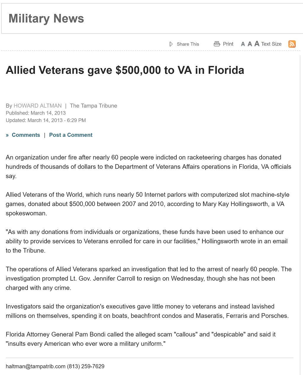 article Allied Veterans gave $500,000 to VA in Florida