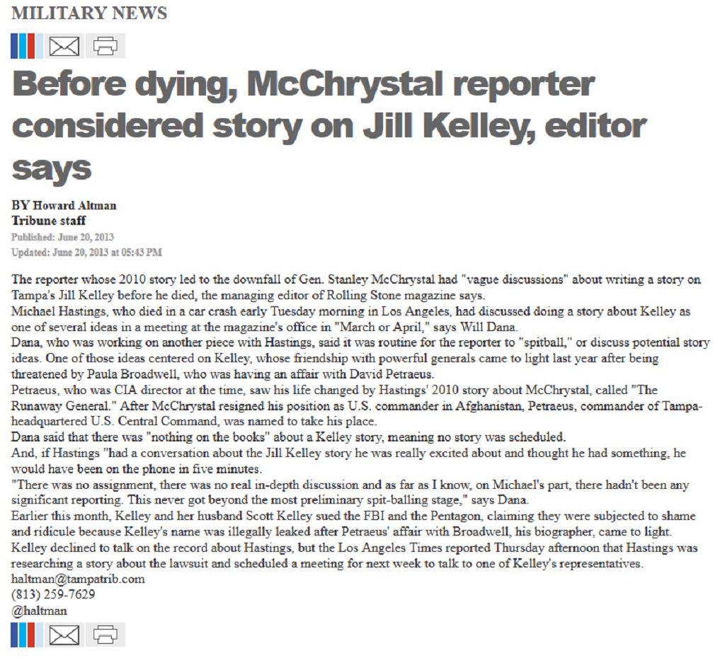 article Before dying, McChrystal reporter considered story on Jill Kelley, editor says