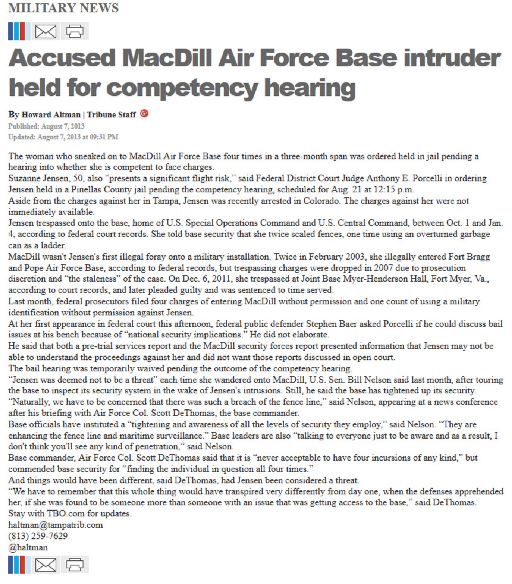 article Accused MacDill Air Force Base intruder held for competency hearing