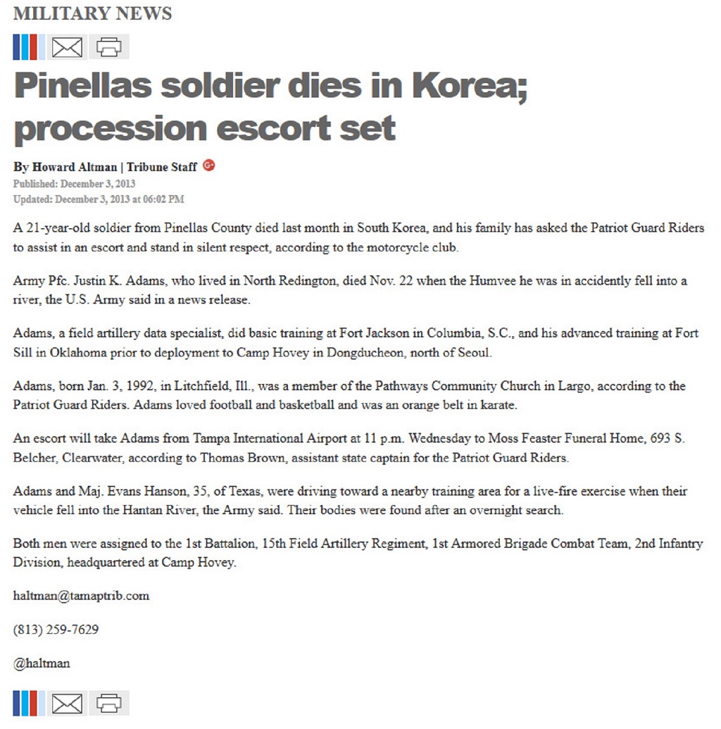 article Pinellas soldier dies in Korea; procession escort set