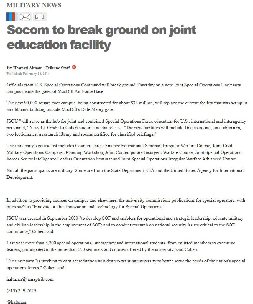 image of article Socom to break ground on joint education facility