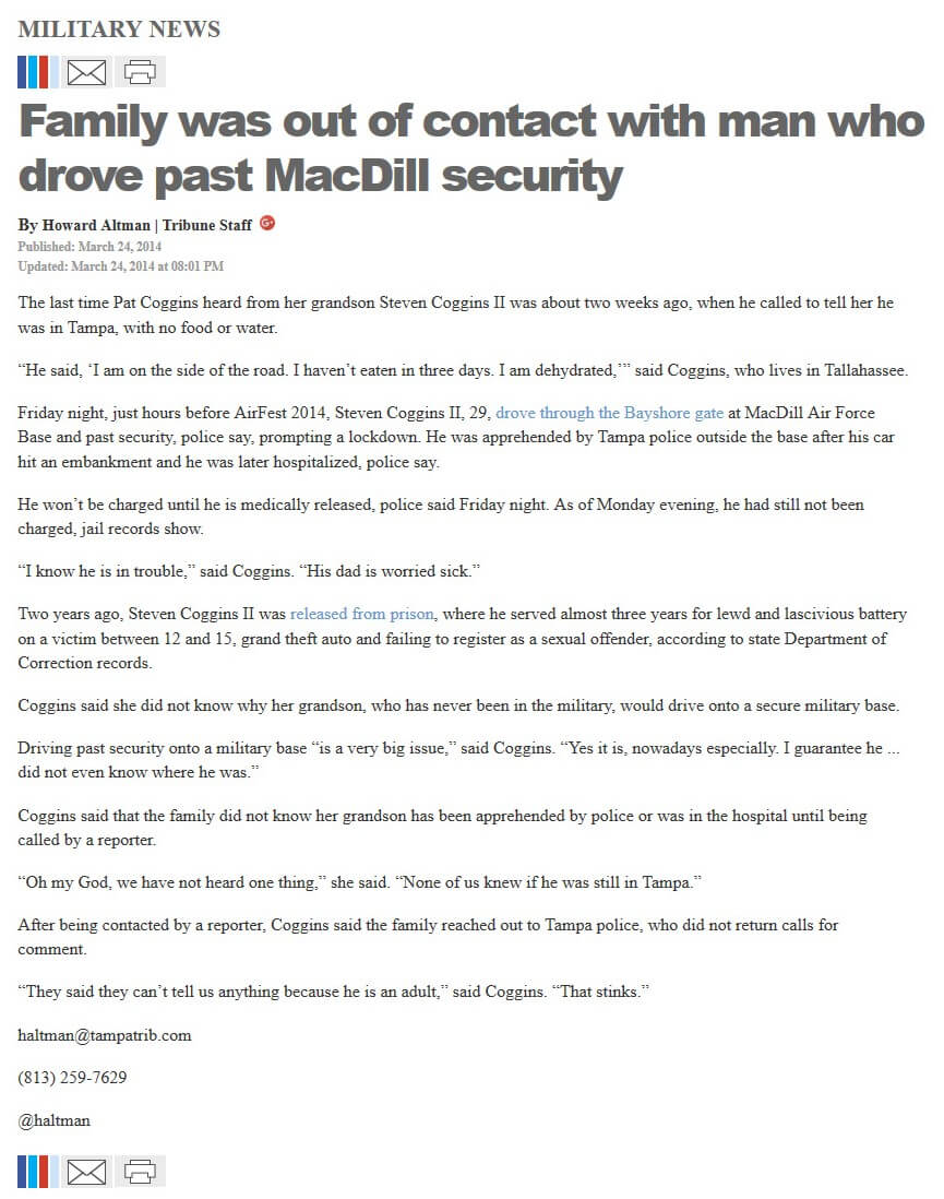 image of article Family was out of contact with man who drove past MacDill security