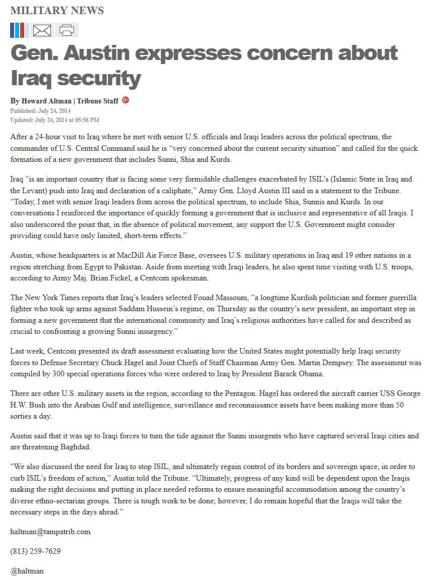 image of article Gen. Austin expresses concern about Iraq security