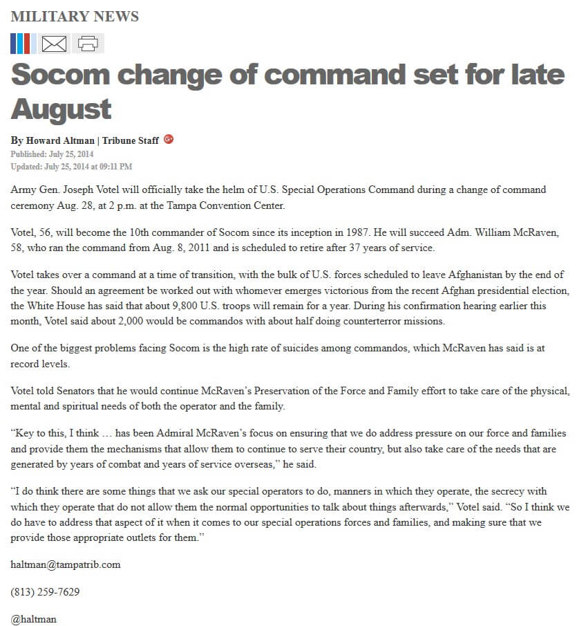 image of article Socom change of command set for late August