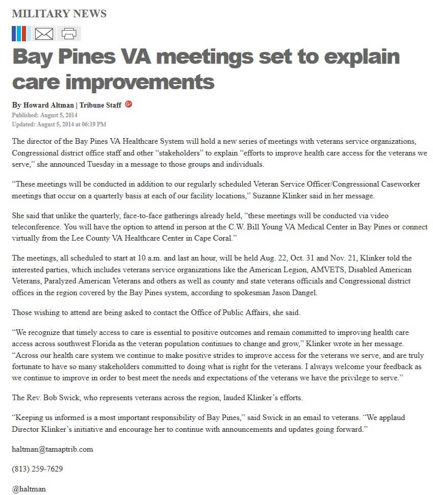 image of article Bay Pines VA meetings set to explain care improvements