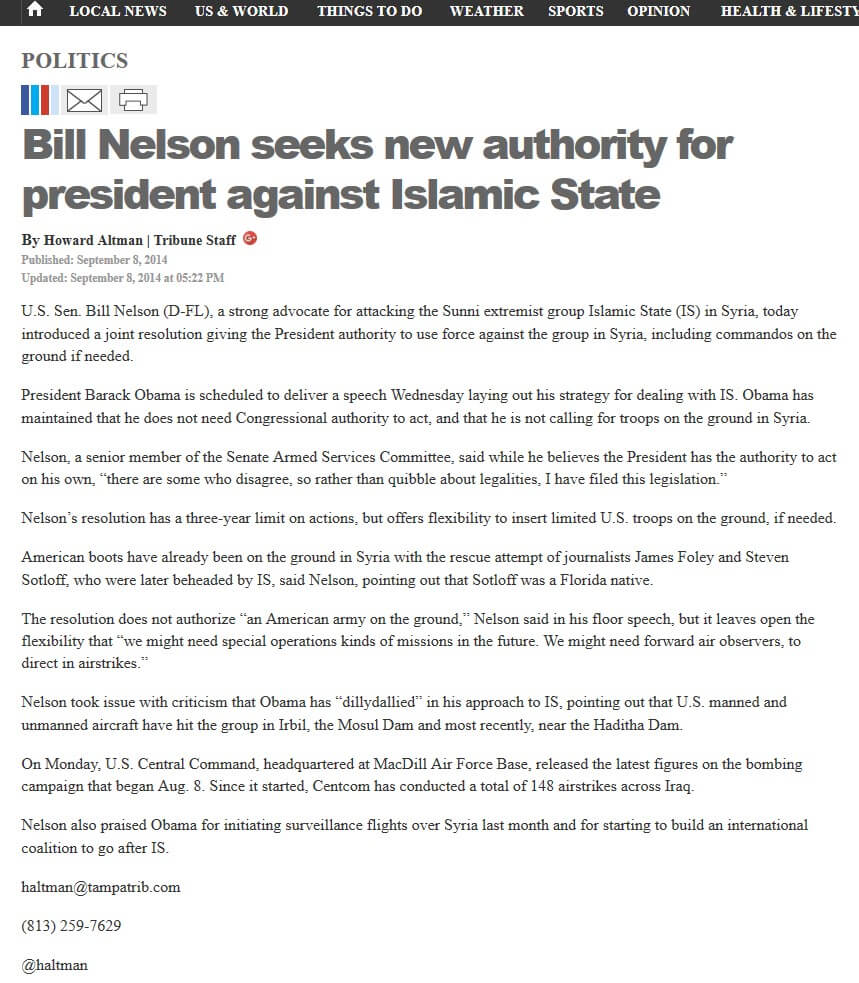 article Bill Nelson seeks new authority for president against Islamic State