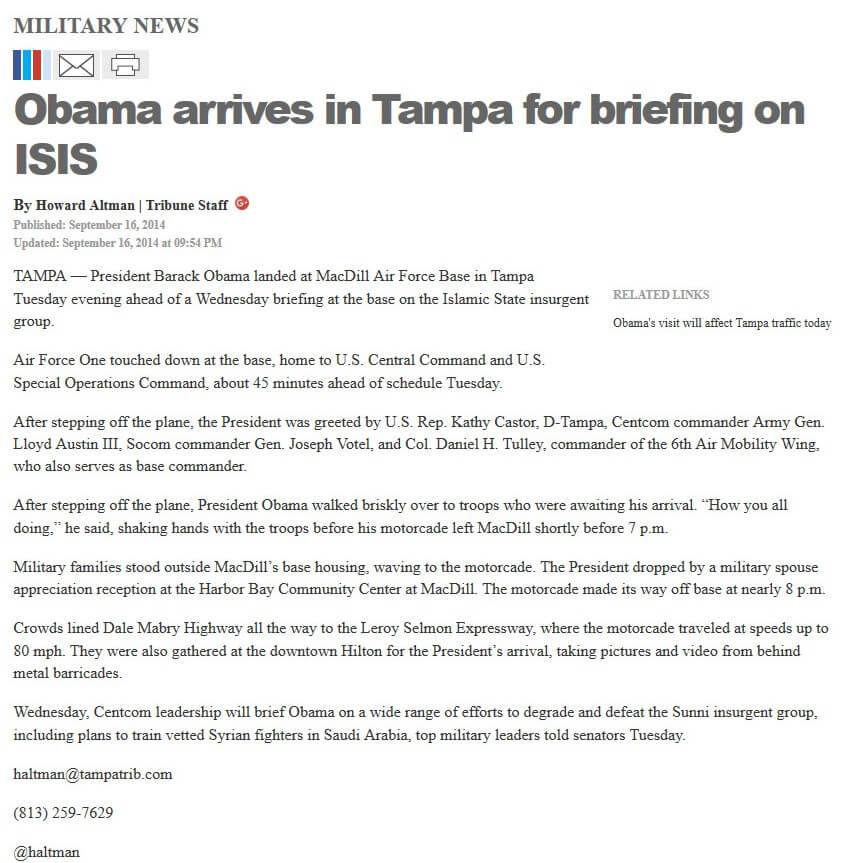 article Obama arrives in Tampa for briefing on ISIS