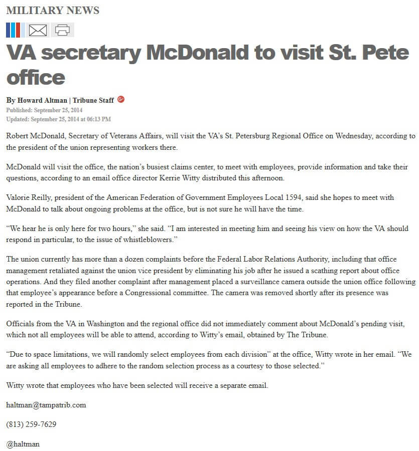 article VA secretary McDonald to visit St. Pete office