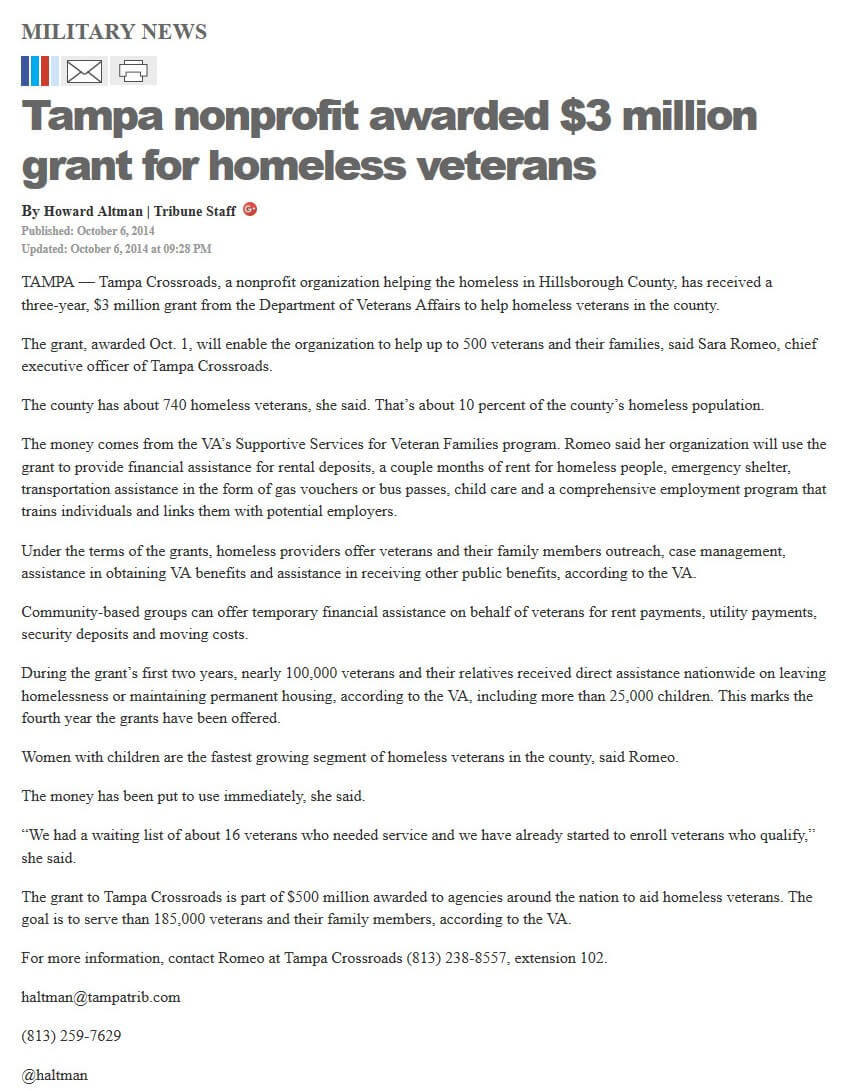 article Tampa nonprofit awarded $3 million grant for homeless veterans