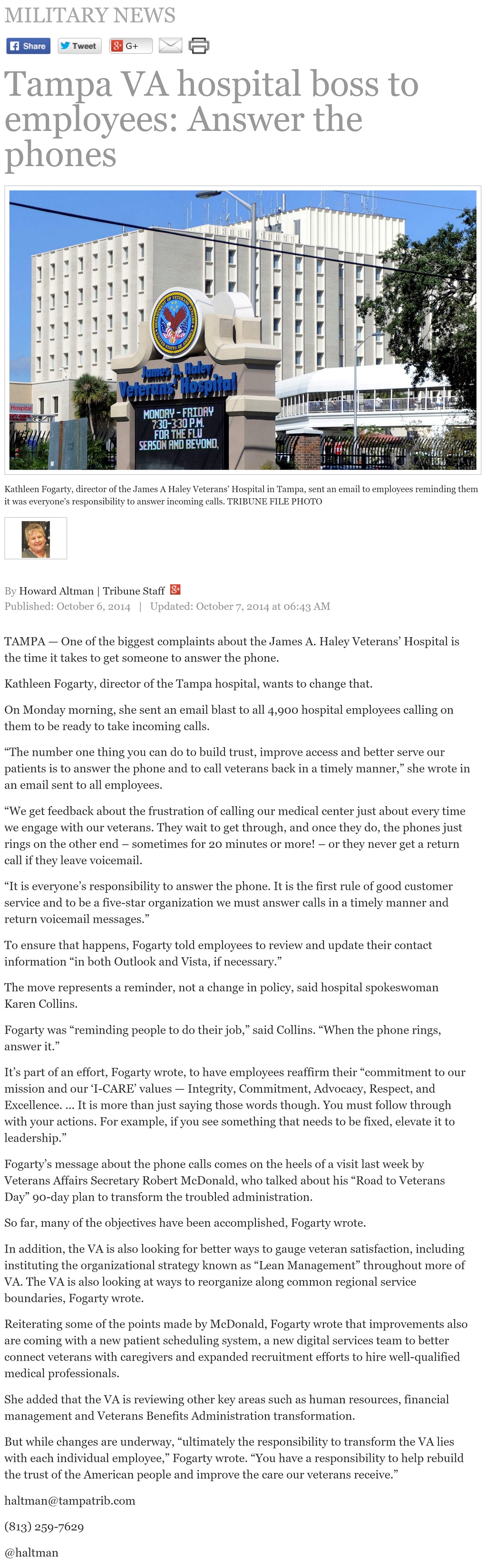 article Tampa VA hospital boss to employees: Answer the phones