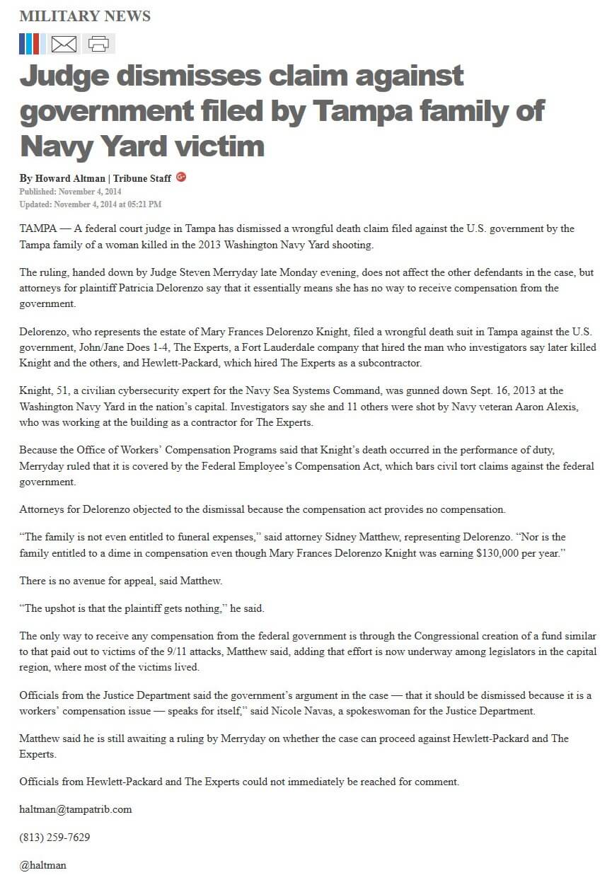 article Judge dismisses claim against government filed by Tampa family of Navy Yard victim