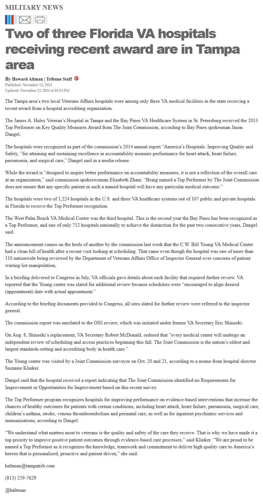 article Two of three Florida VA hospitals receiving recent award are in Tampa area