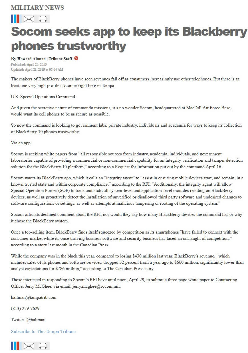 image of article Socom seeks app to keep its Blackberry phones trustworthy