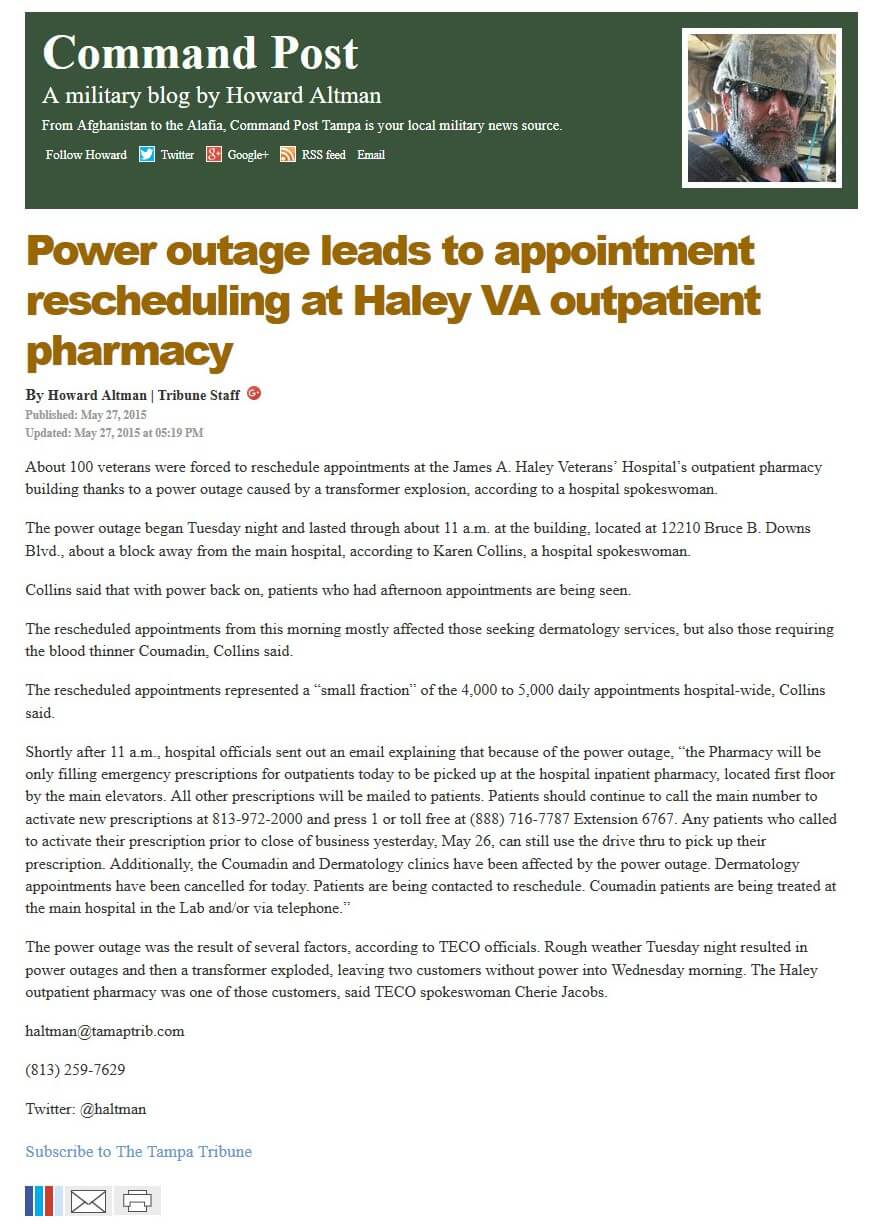 image of article Power outage leads to appointment rescheduling at Haley VA outpatient pharmacy