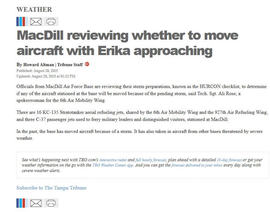 image of article MacDill reviewing whether to move aircraft with Erika approaching