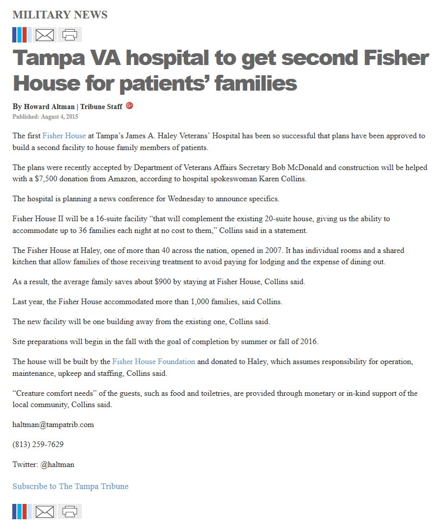 image of article Tampa VA hospital to get second Fisher House for patients' families