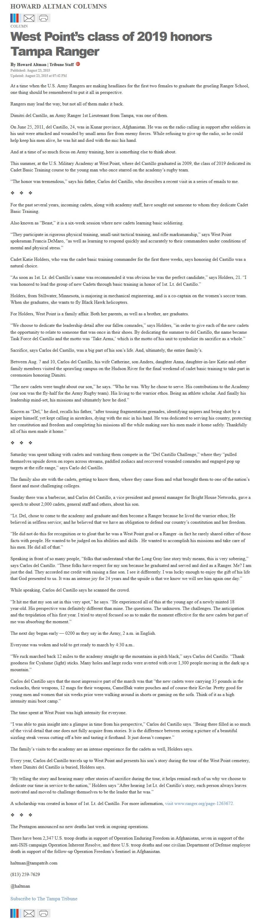 image of article West Point's class of 2019 honors Tampa Ranger
