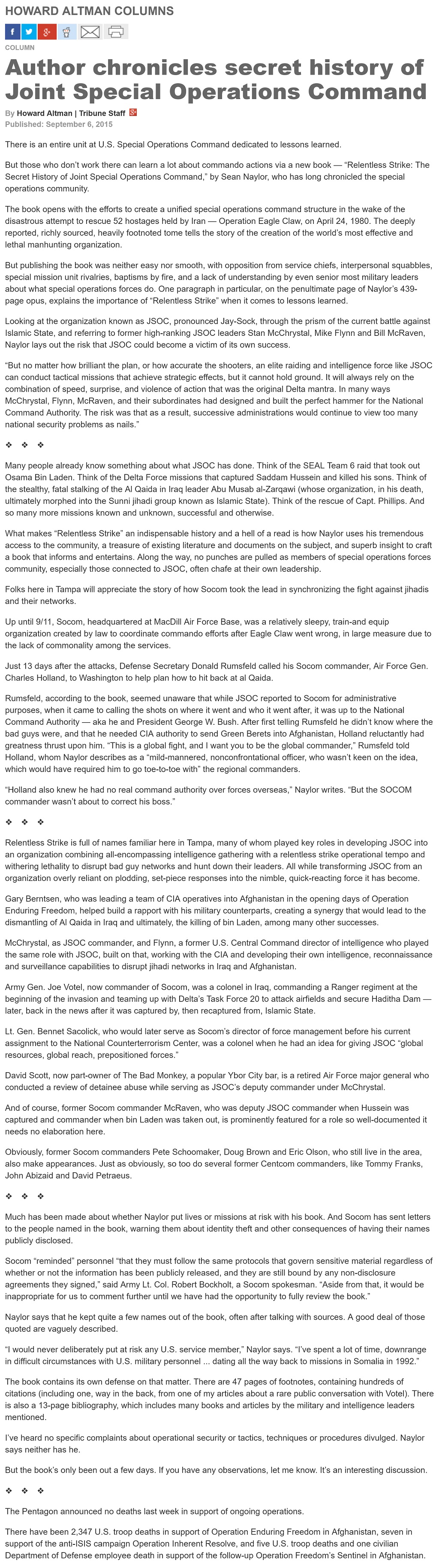 image of article Author chronicles secret history of Joint Special Operations Command