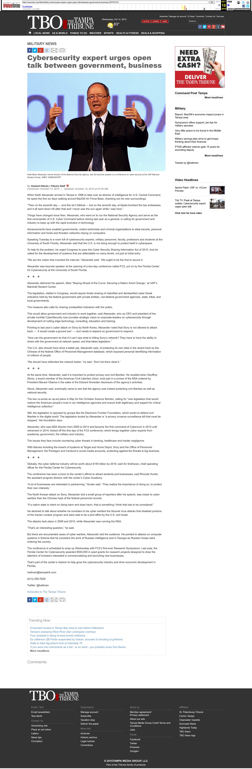 Cybersecurity expert urges open talk between government, business by Howard Altman, The Tampa Tribune 10/13/2015