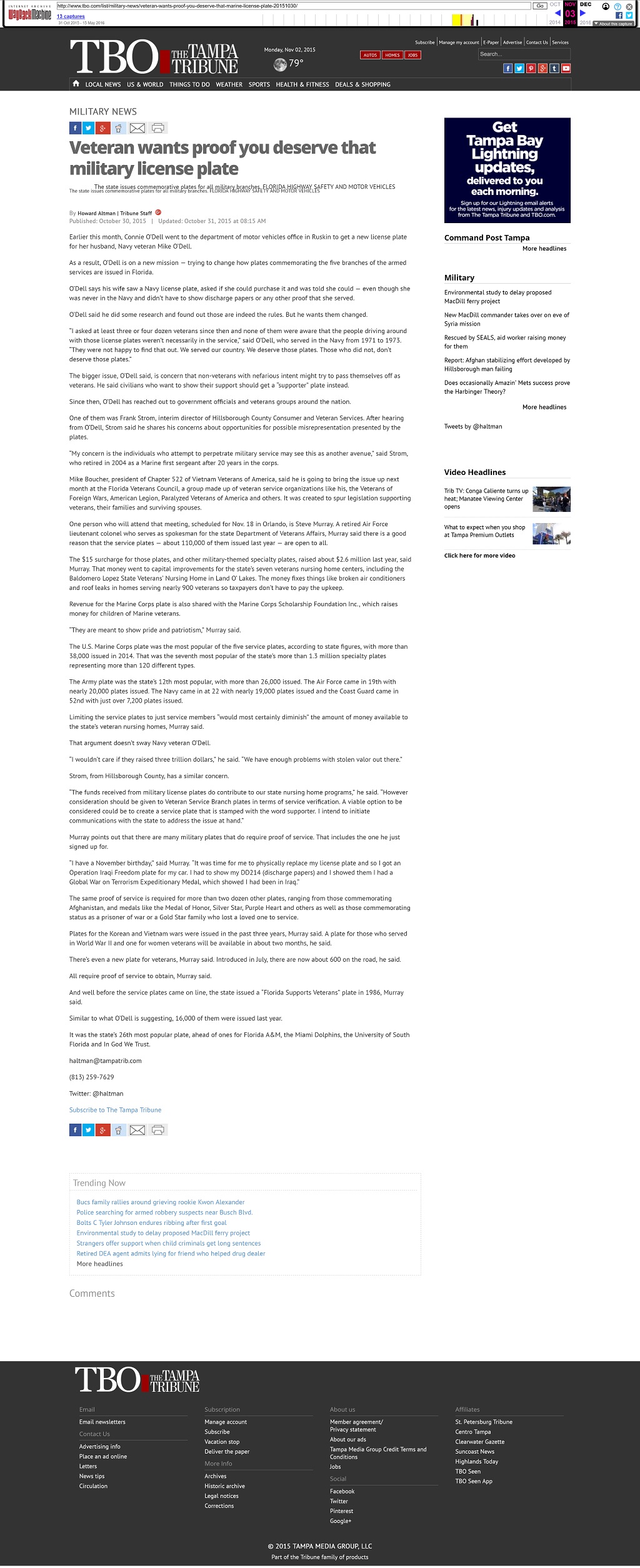Veteran wants proof you deserve that Marine license plate by Howard Altman, The Tampa Tribune 11/30/2015