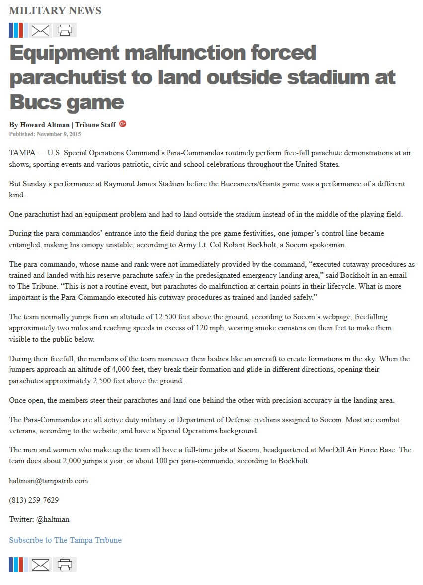 image of article Equipment malfunction forced parachutist to land outside stadium at Bucs game