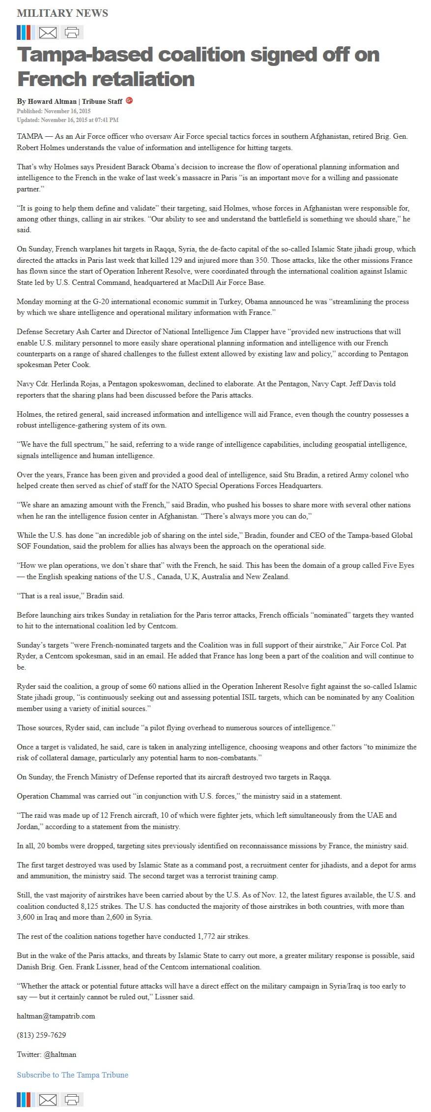 image of article Tampa-based coalition signed off on French retaliation