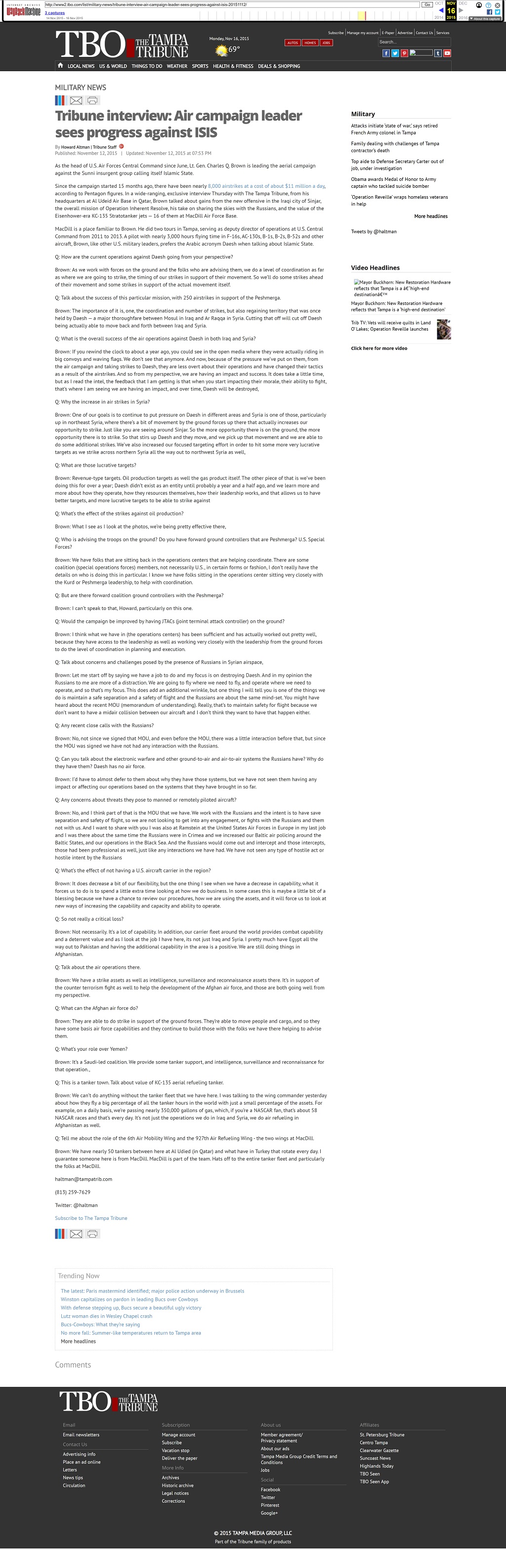 Tribune interview: Air campaign leader sees progress against ISIS by Howard Altman, The Tampa Tribune 11/12/2015