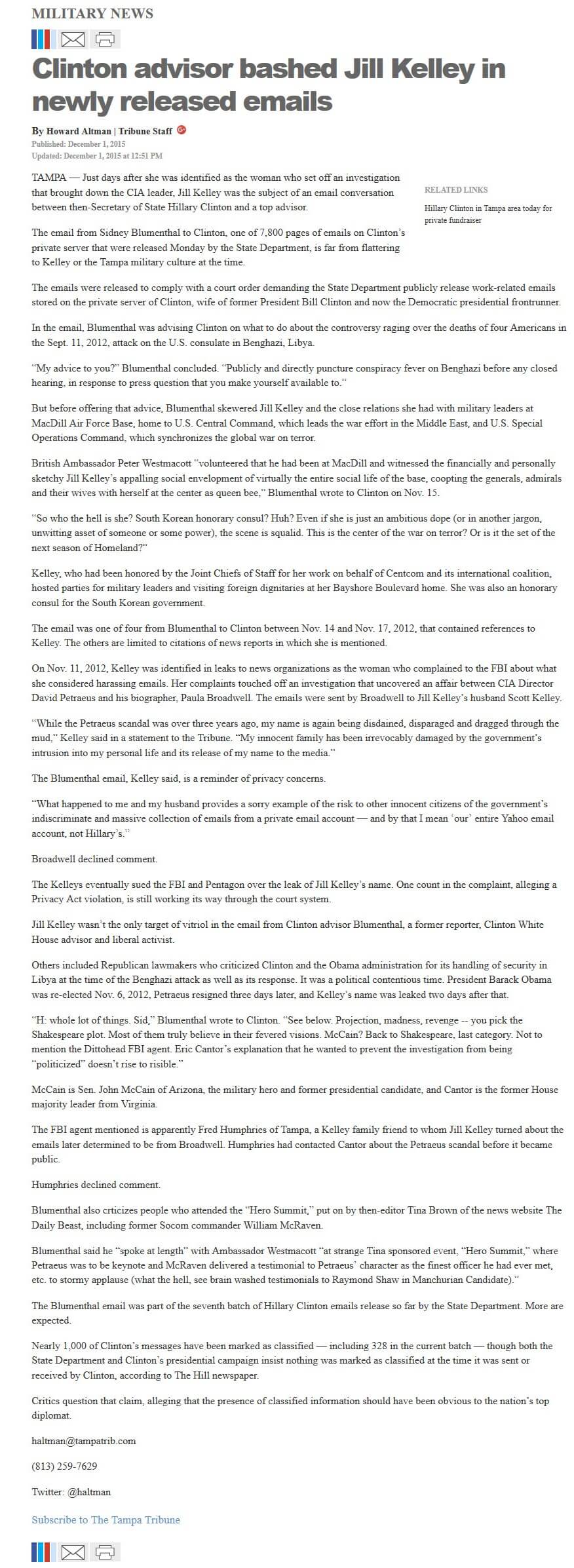 image of article Clinton advisor bashed Jill Kelley in newly released emails
