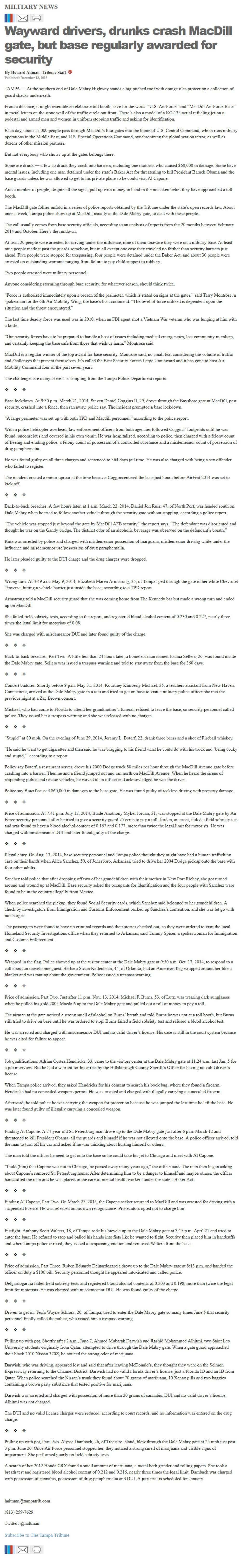 image of article Wayward drivers, drunks crash MacDill gate, but base regularly awarded for security