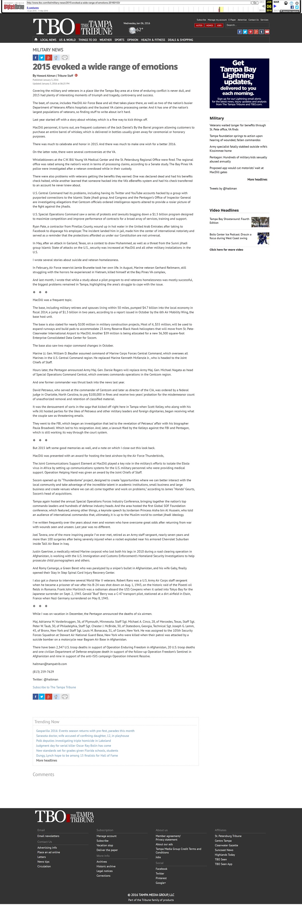 2015 evoked a wide range of emotions by Howard Altman, The Tampa Tribune 1/3/2016