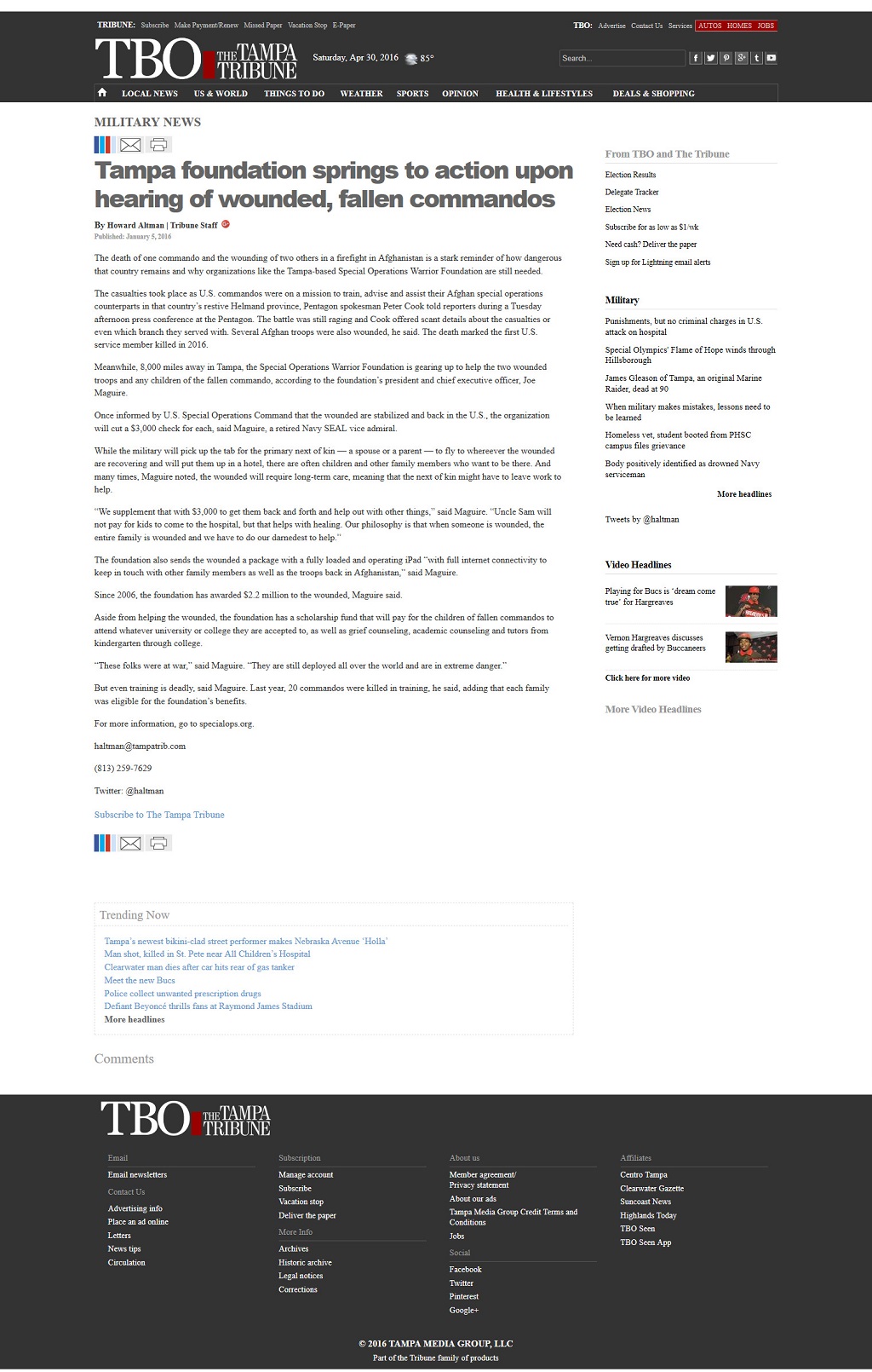 Tampa foundation springs to action upon hearing of wounded, fallen commandos by Howard Altman, The Tampa Tribune 1/5/2016