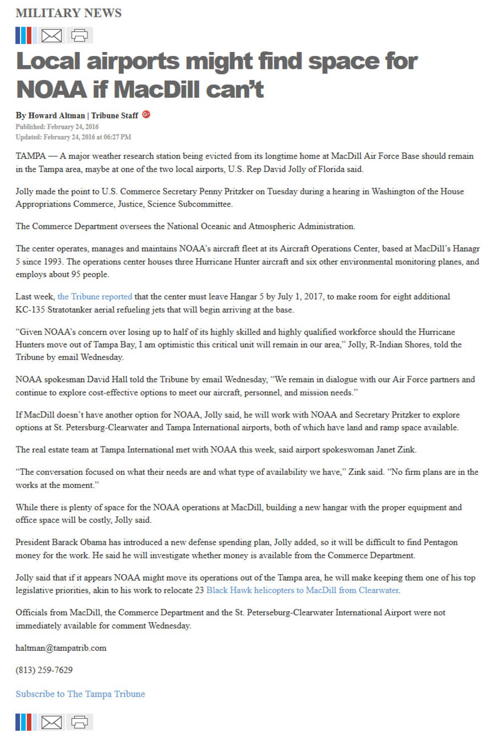 image of article Local airports might find space for NOAA if MacDill can't