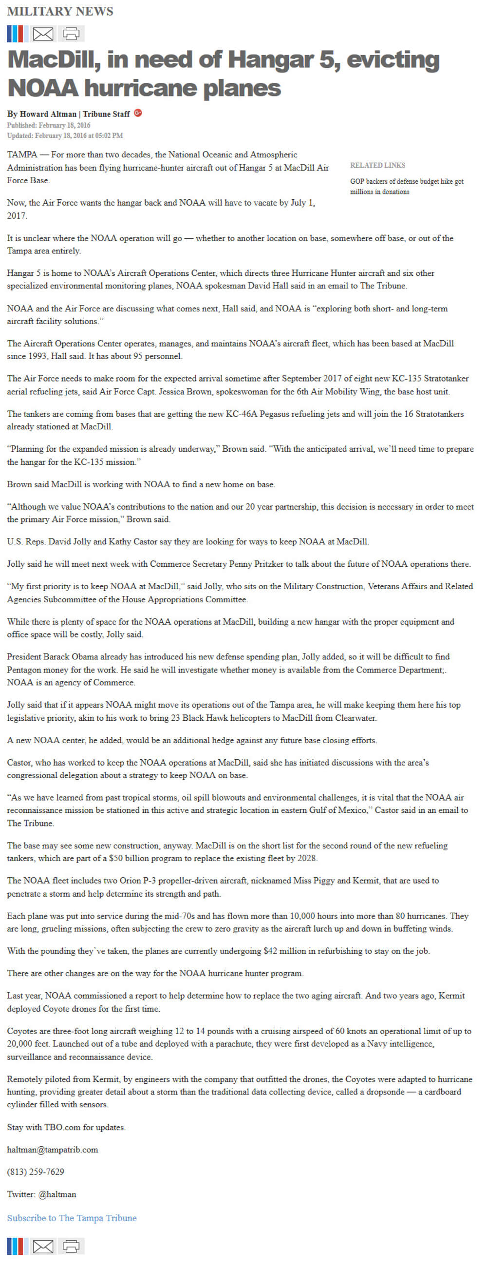 image of article MacDill, in need of Hangar 5, evicting NOAA hurricane planes