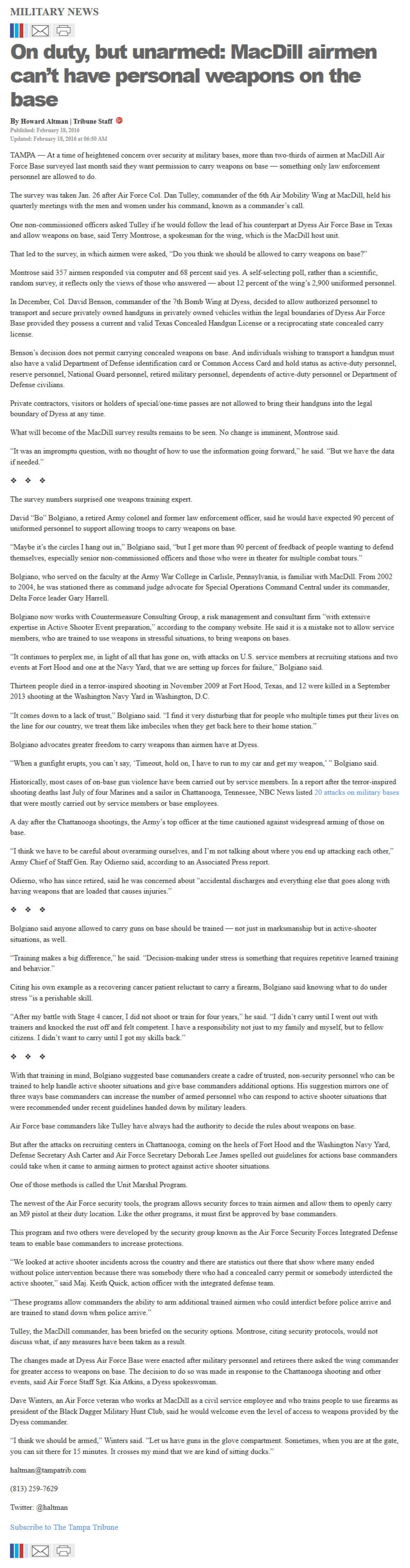image of article On duty, but unarmed: MacDill airmen can't have personal weapons on the base