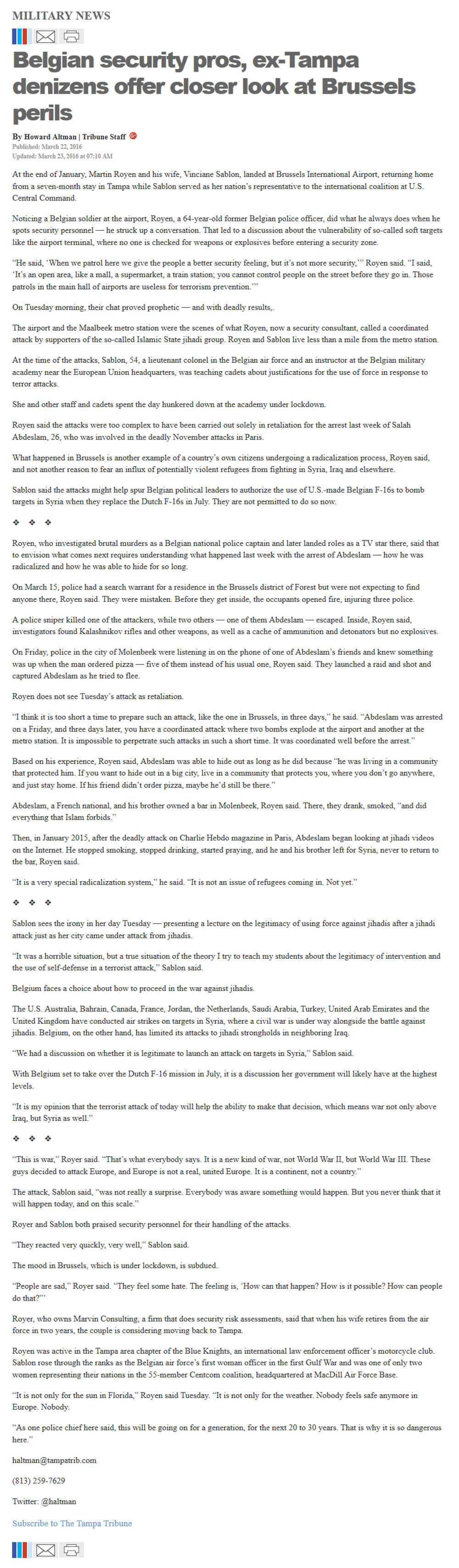 image of article Belgian security pros, ex-Tampa denizens offer closer look at Brussels perils