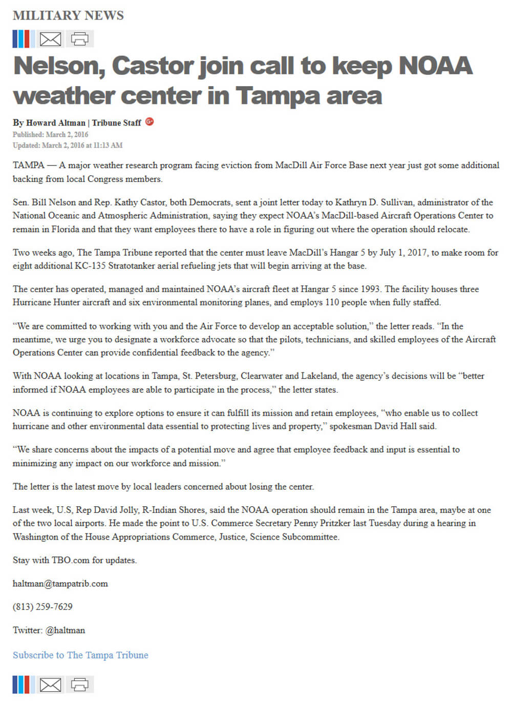 image of article Nelson, Castor join call to keep NOAA weather center in Tampa area