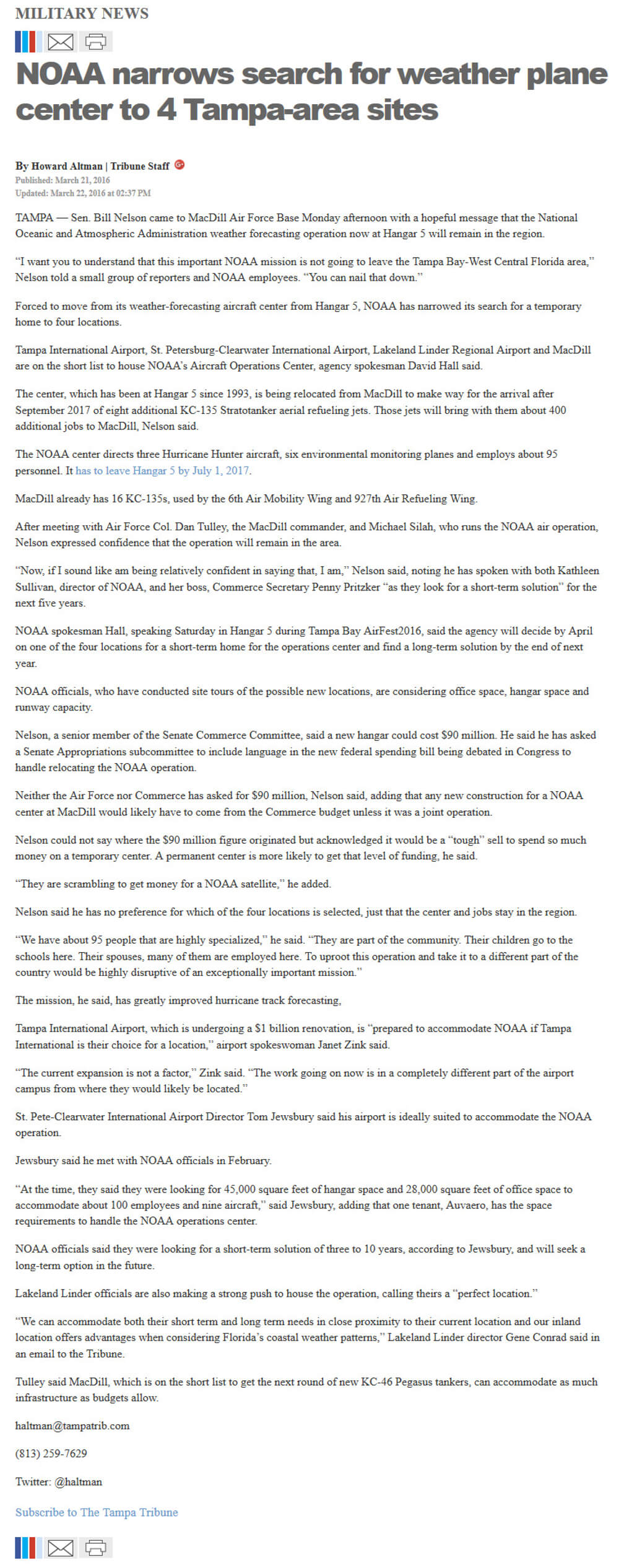 image of article NOAA narrows search for weather plane center to 4 Tampa-area sites