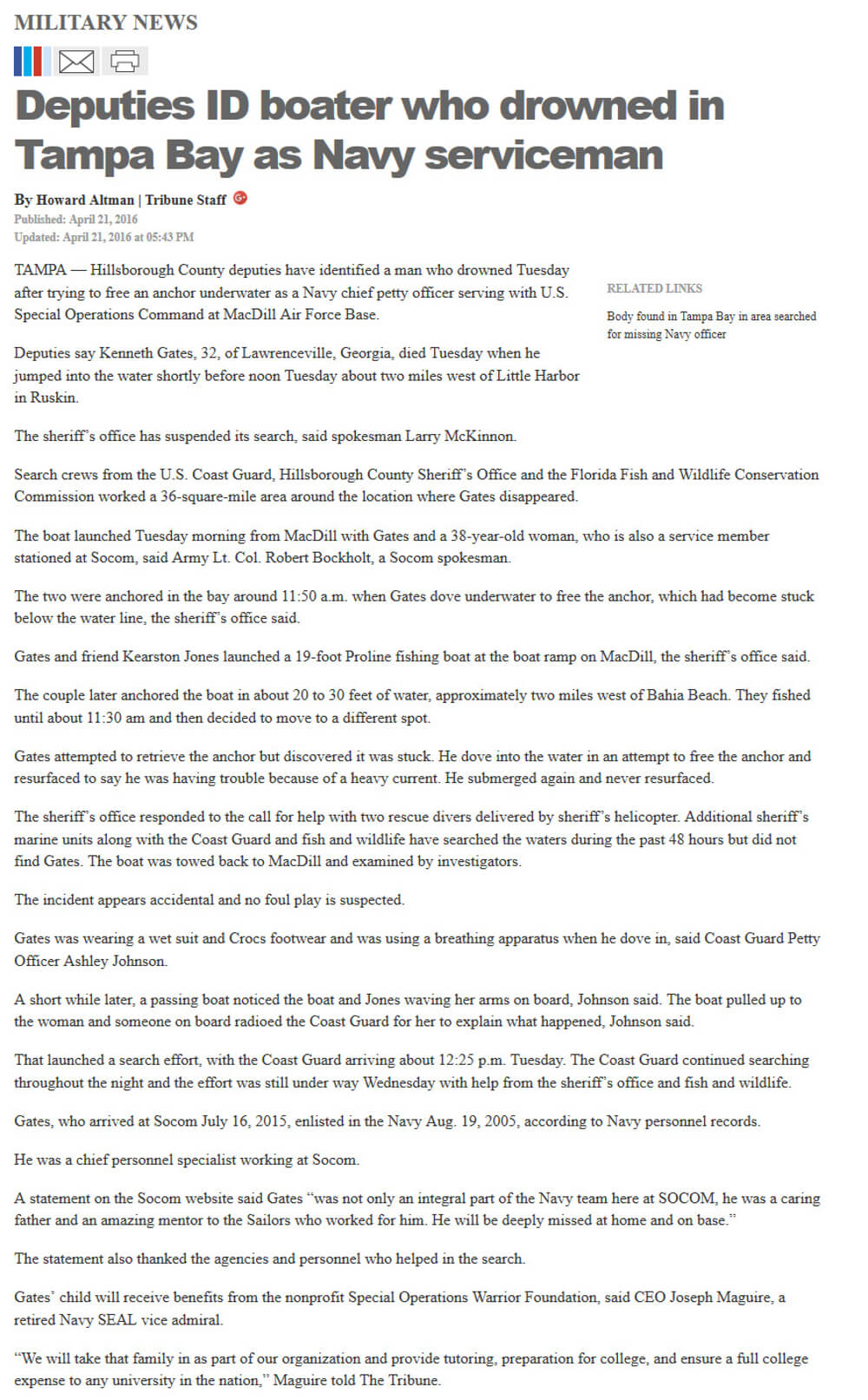 image of article Deputies ID boater who drowned in Tampa Bay as Navy serviceman
