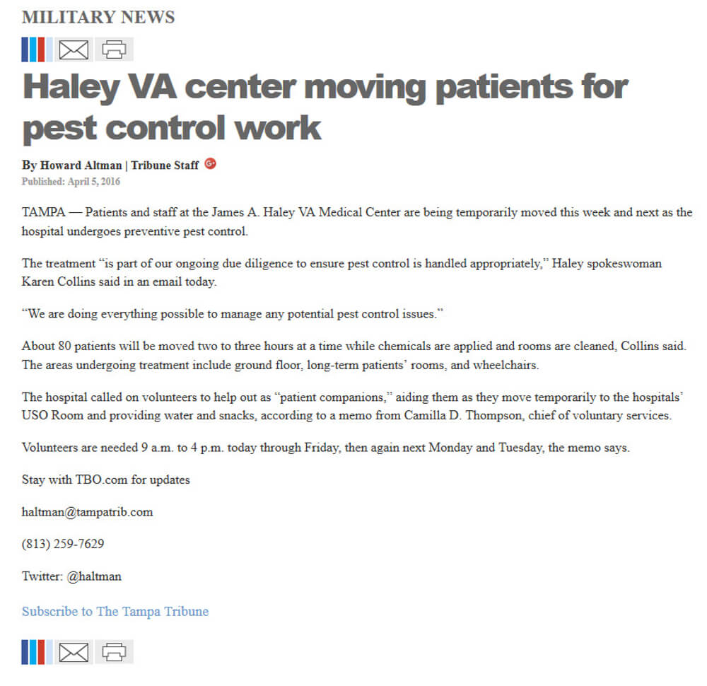 image of article Haley VA center moving patients for pest control work